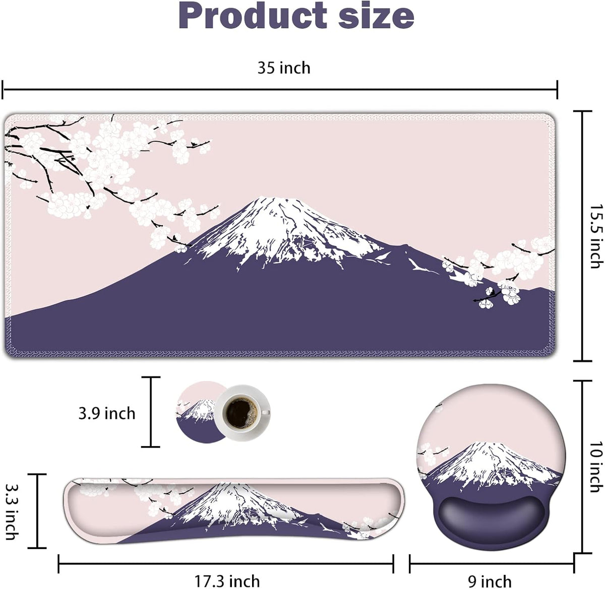 Large Mouse Pad Set Ergonomic Keyboard Wrist Rest Support, Memory Foam Gel Wrist Pad, Non-Slip Extended Desk Mat Protector, Pink Sakura Fuji Mountain