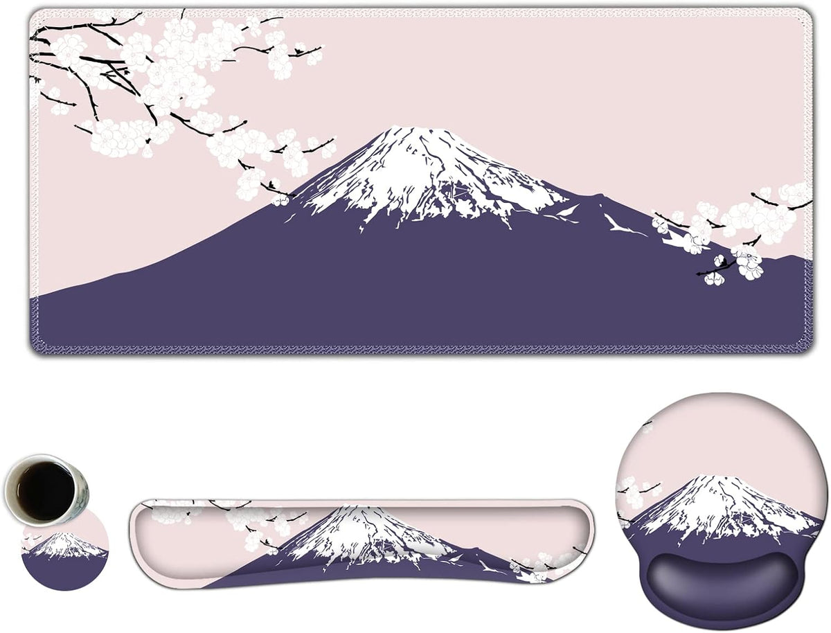 Large Mouse Pad Set Ergonomic Keyboard Wrist Rest Support, Memory Foam Gel Wrist Pad, Non-Slip Extended Desk Mat Protector, Pink Sakura Fuji Mountain