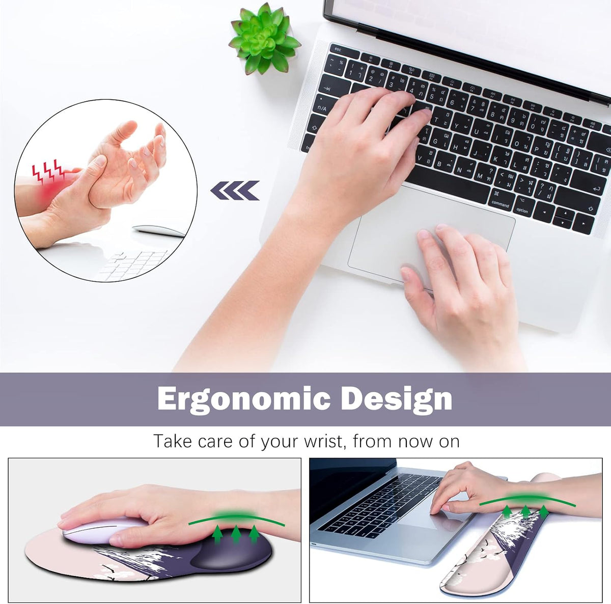 Large Mouse Pad Set Ergonomic Keyboard Wrist Rest Support, Memory Foam Gel Wrist Pad, Non-Slip Extended Desk Mat Protector, Pink Sakura Fuji Mountain