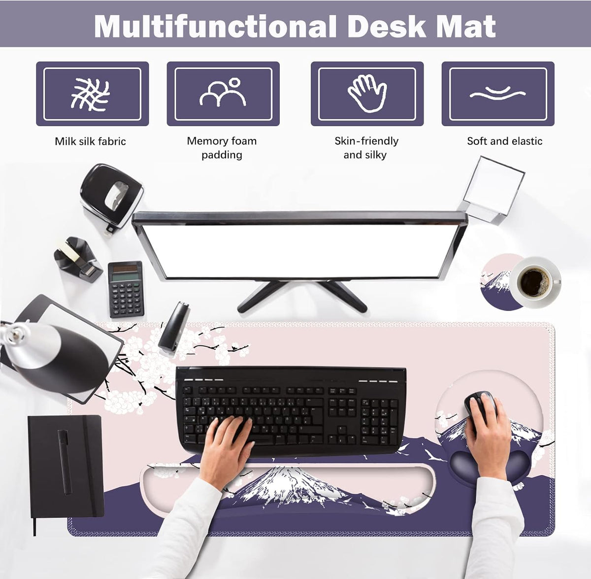 Large Mouse Pad Set Ergonomic Keyboard Wrist Rest Support, Memory Foam Gel Wrist Pad, Non-Slip Extended Desk Mat Protector, Pink Sakura Fuji Mountain