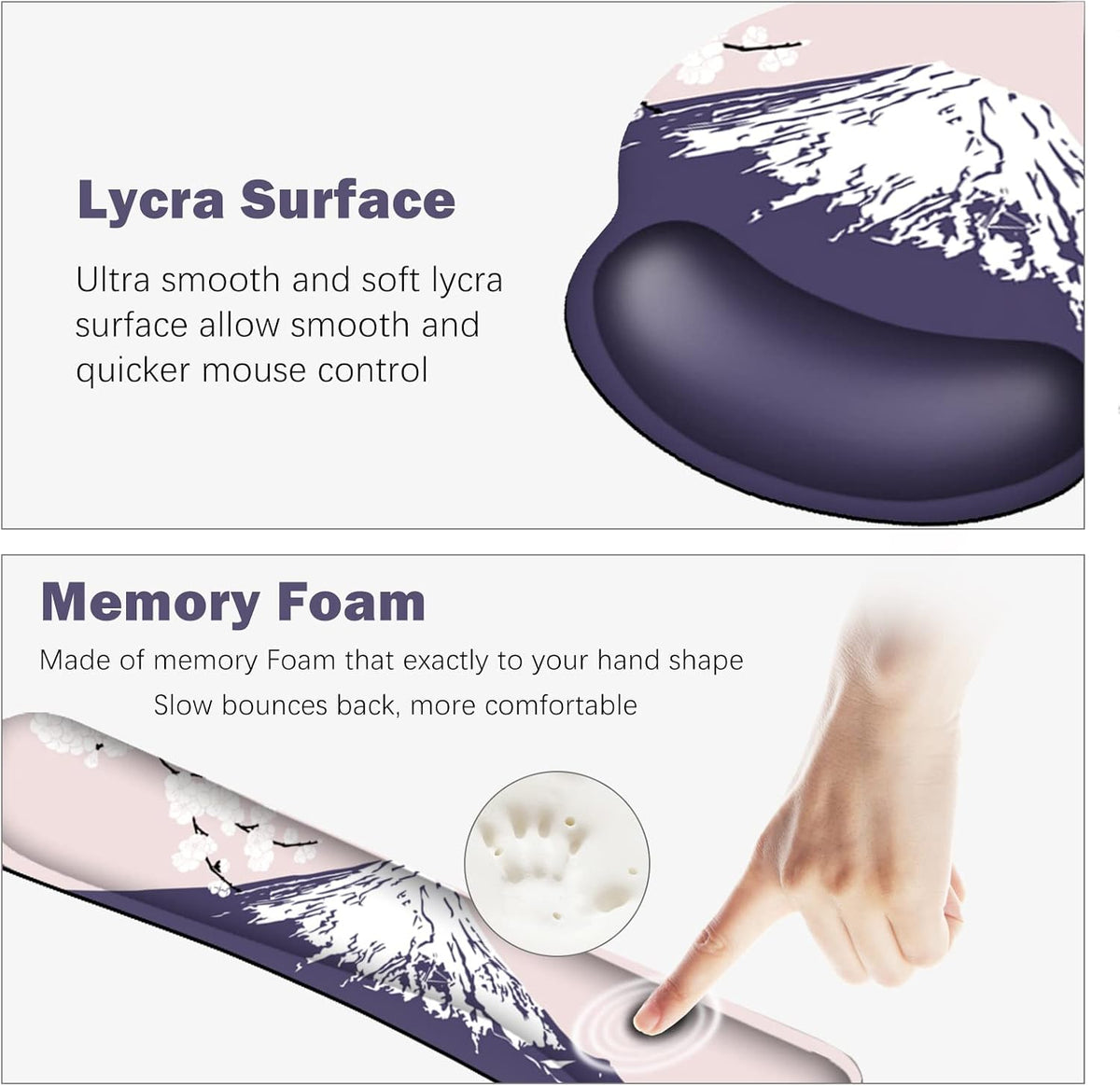 Large Mouse Pad Set Ergonomic Keyboard Wrist Rest Support, Memory Foam Gel Wrist Pad, Non-Slip Extended Desk Mat Protector, Pink Sakura Fuji Mountain